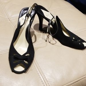 Linea Paolo black suede peeptoe slingback pump